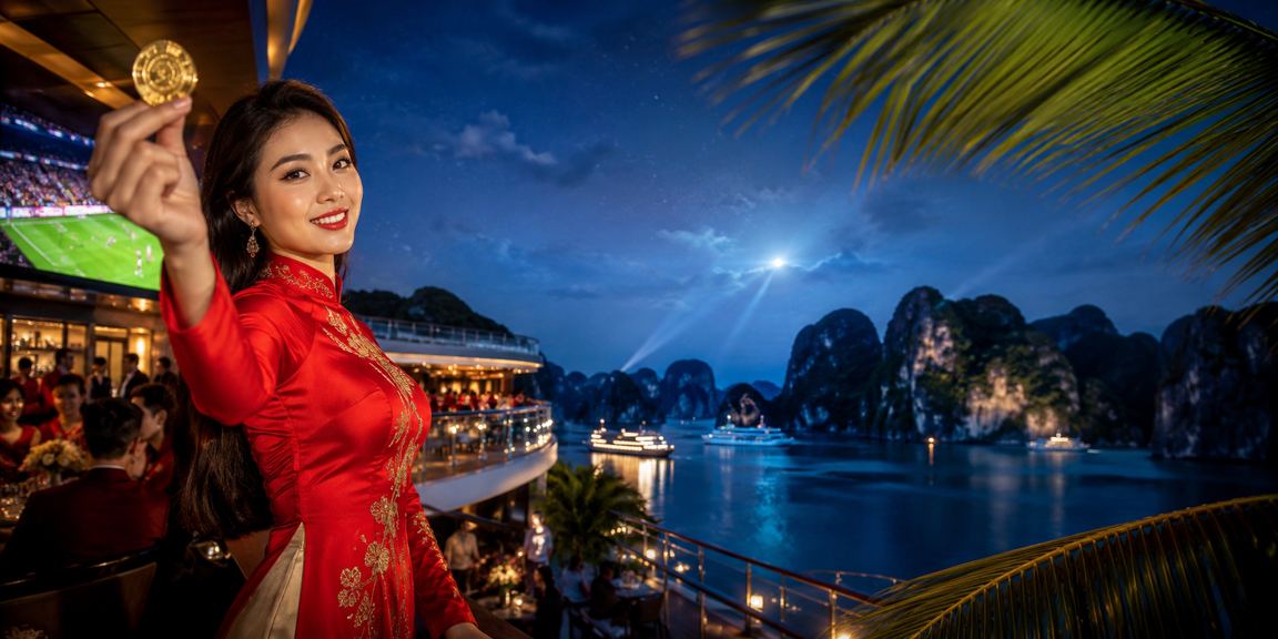 Phụ nữ mặc áo dài tham gia cá cược casino với cảnh vịnh Hạ Long ngoài cửa sổ